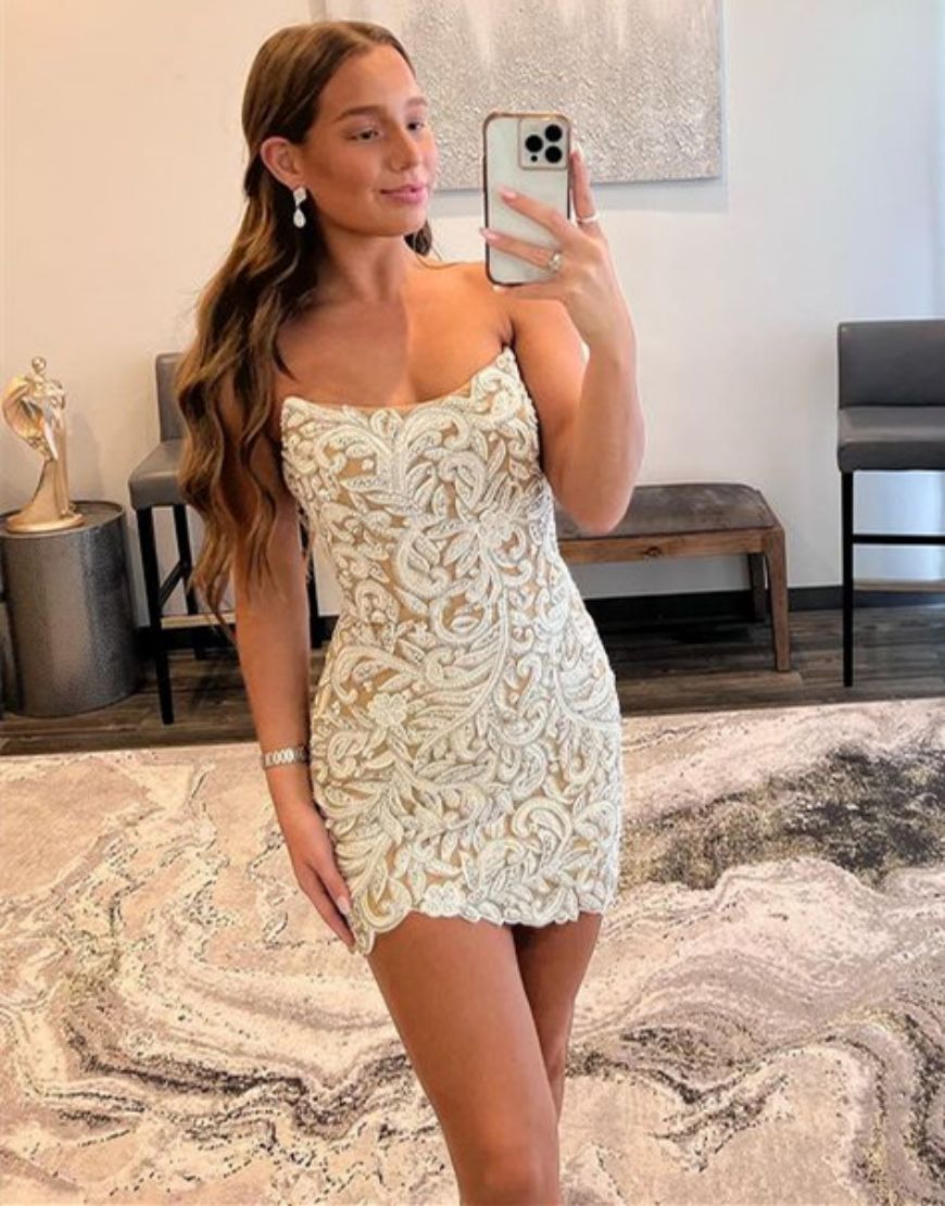 Strapless Champagne Bodycon Homecoming Dress With Beading