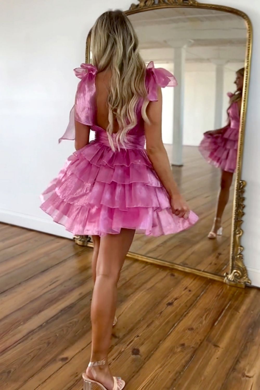 Cute A-Line Deep V-Neck Short Tiered Satin Homecoming Dress