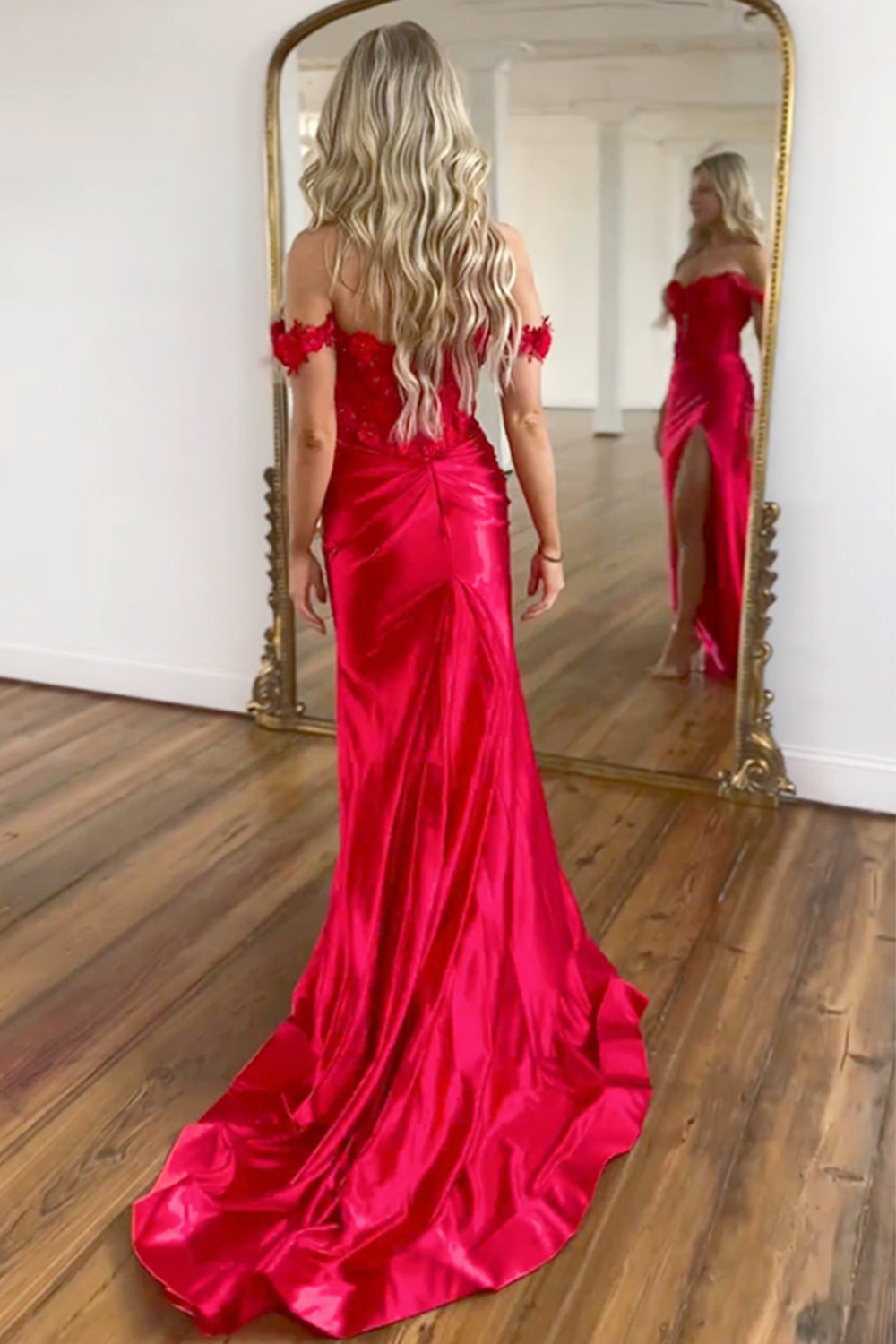 Stunning Red Mermaid Off The Shoulder Long Satin Prom Dress With 3D Flowers