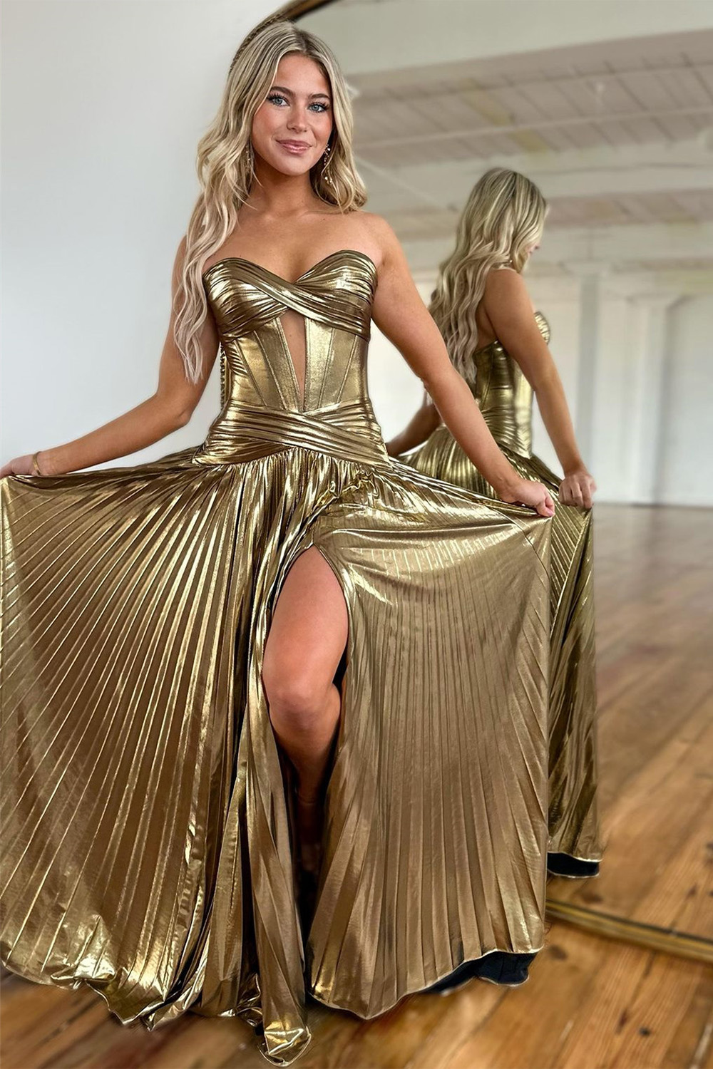 Stunning Silver Sweetheart Zipper Back Long Metallic Prom Dress With Slit