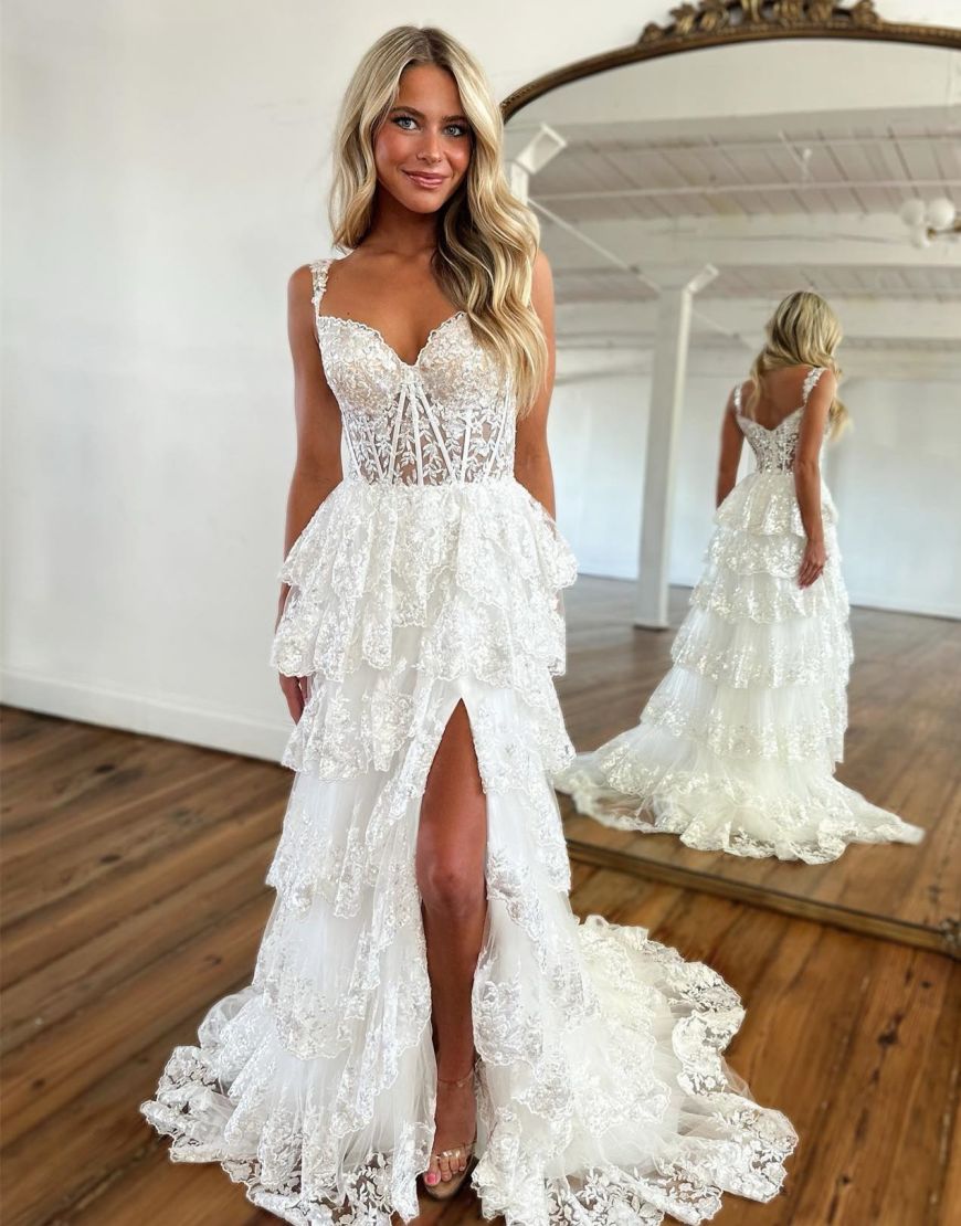 Stunning A-Line Lace Tiered Prom Dress With Split