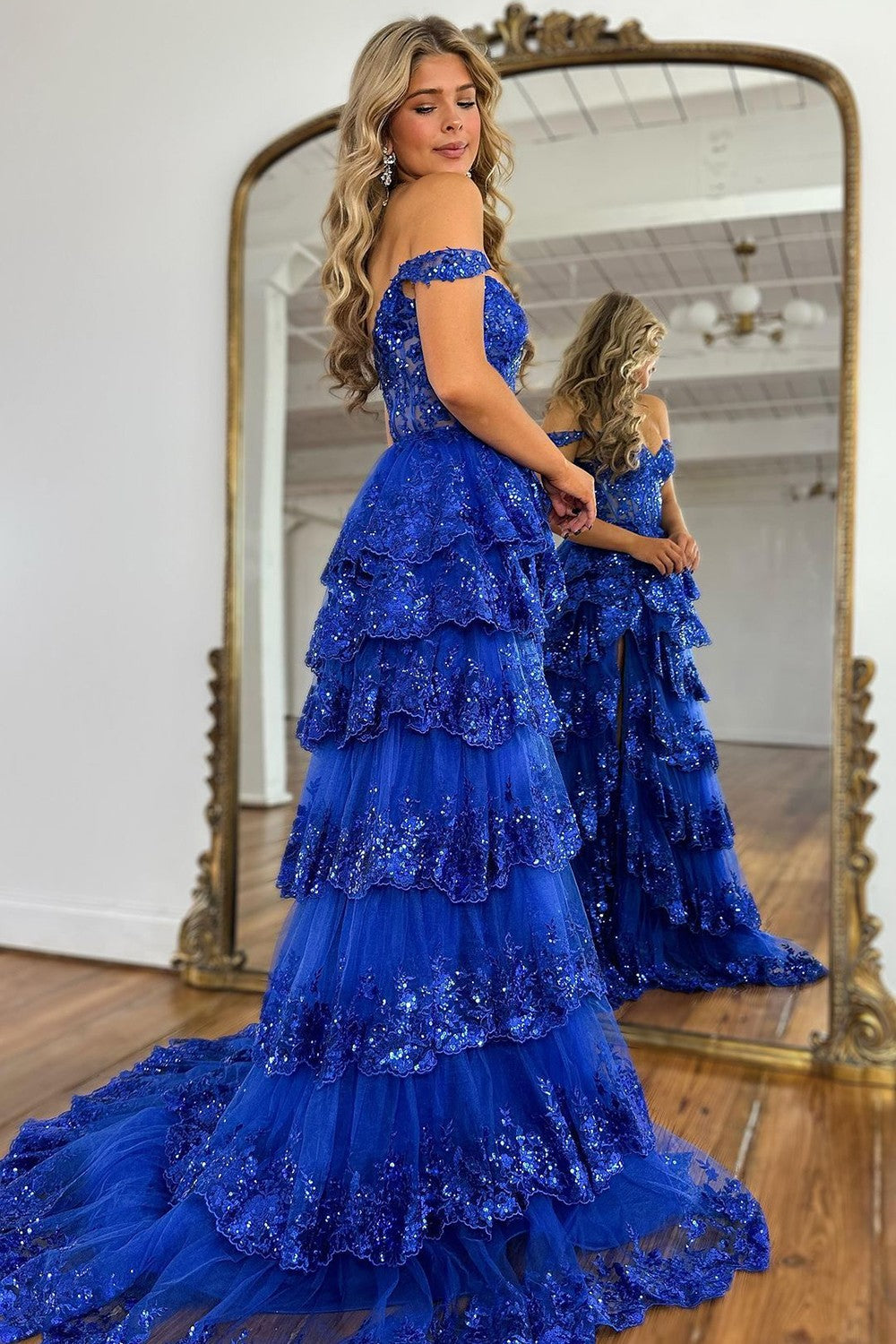 Gorgeous A-Line Off The Shoulder Tiered Prom Dress With Split