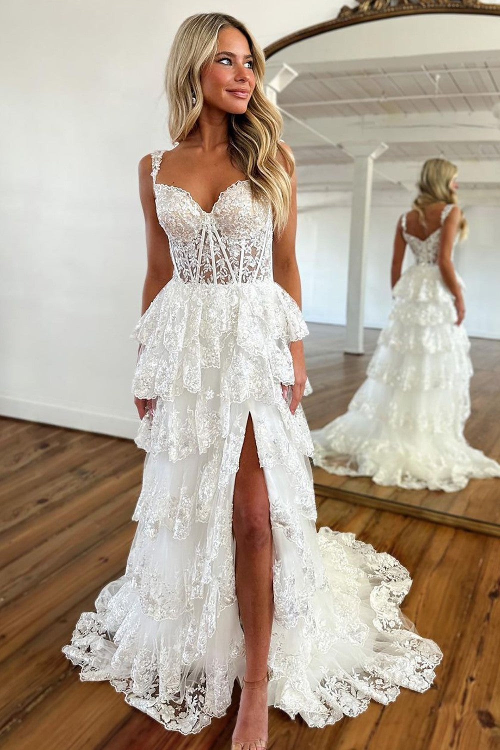 Gorgeous A-Line Off The Shoulder Tiered Prom Dress With Split