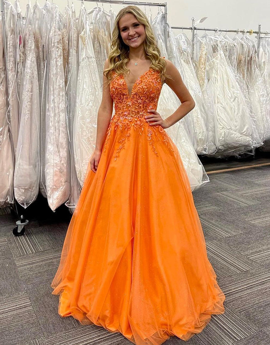 Stunning Orange A-Line V-Neck Long Tulle Prom Dress