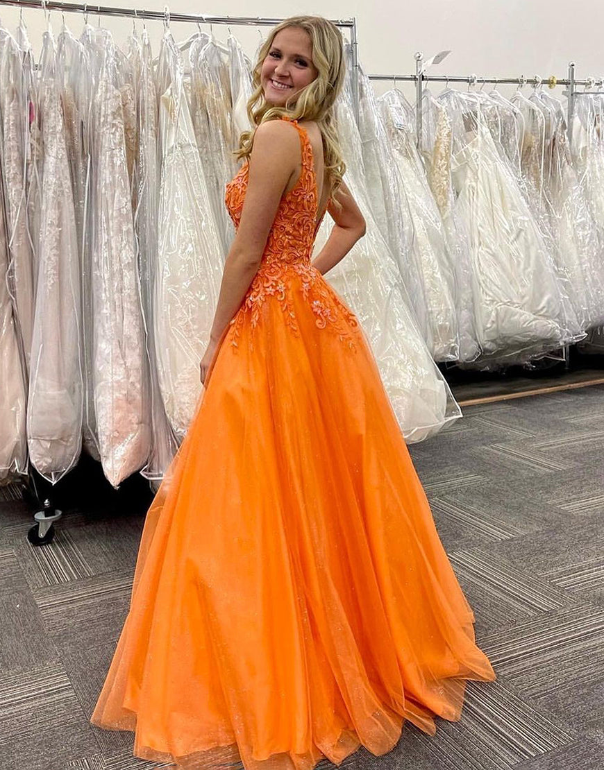 Stunning Orange A-Line V-Neck Long Tulle Prom Dress