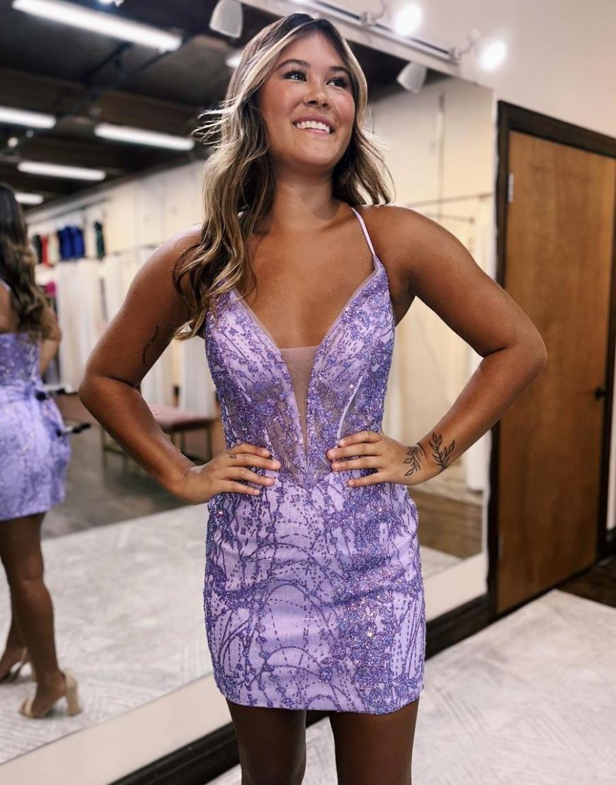 Stunning Spaghetti Straps Lace Up Tight Glitter Homecoming Dress
