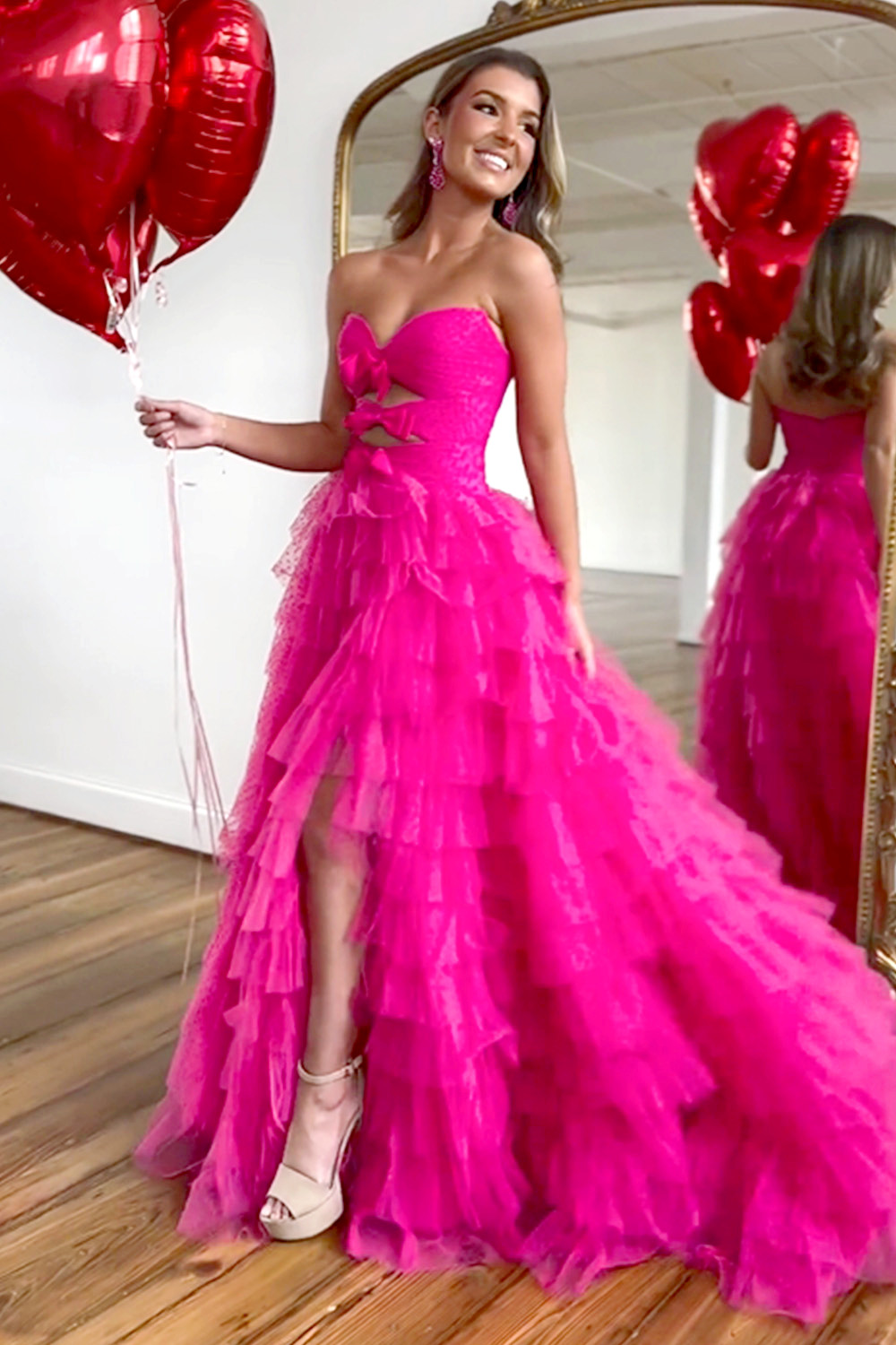 Stylish A-Line Sweetheart Long Layered Glitter Tulle Prom Dress With Slit