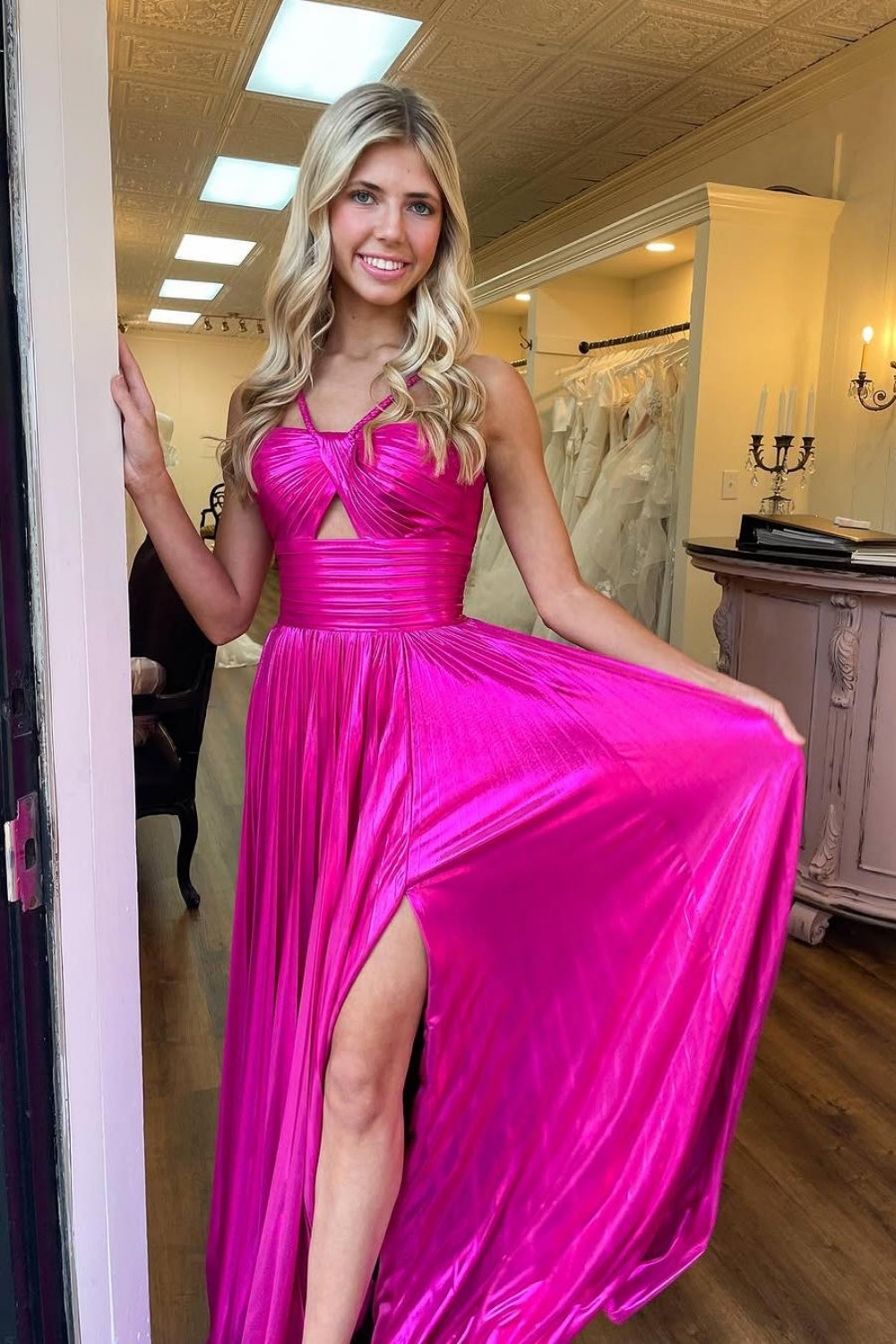 Stylish Gold A-Line Halter Neck Long Prom Dress With Split