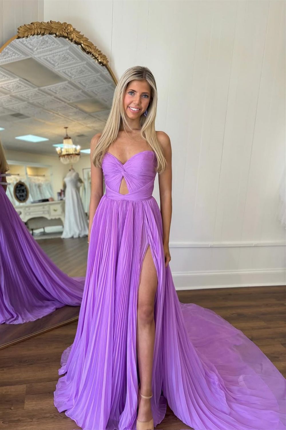 Stylish Sheath Sweetheart Long Pleated Satin Prom Dress with Slit