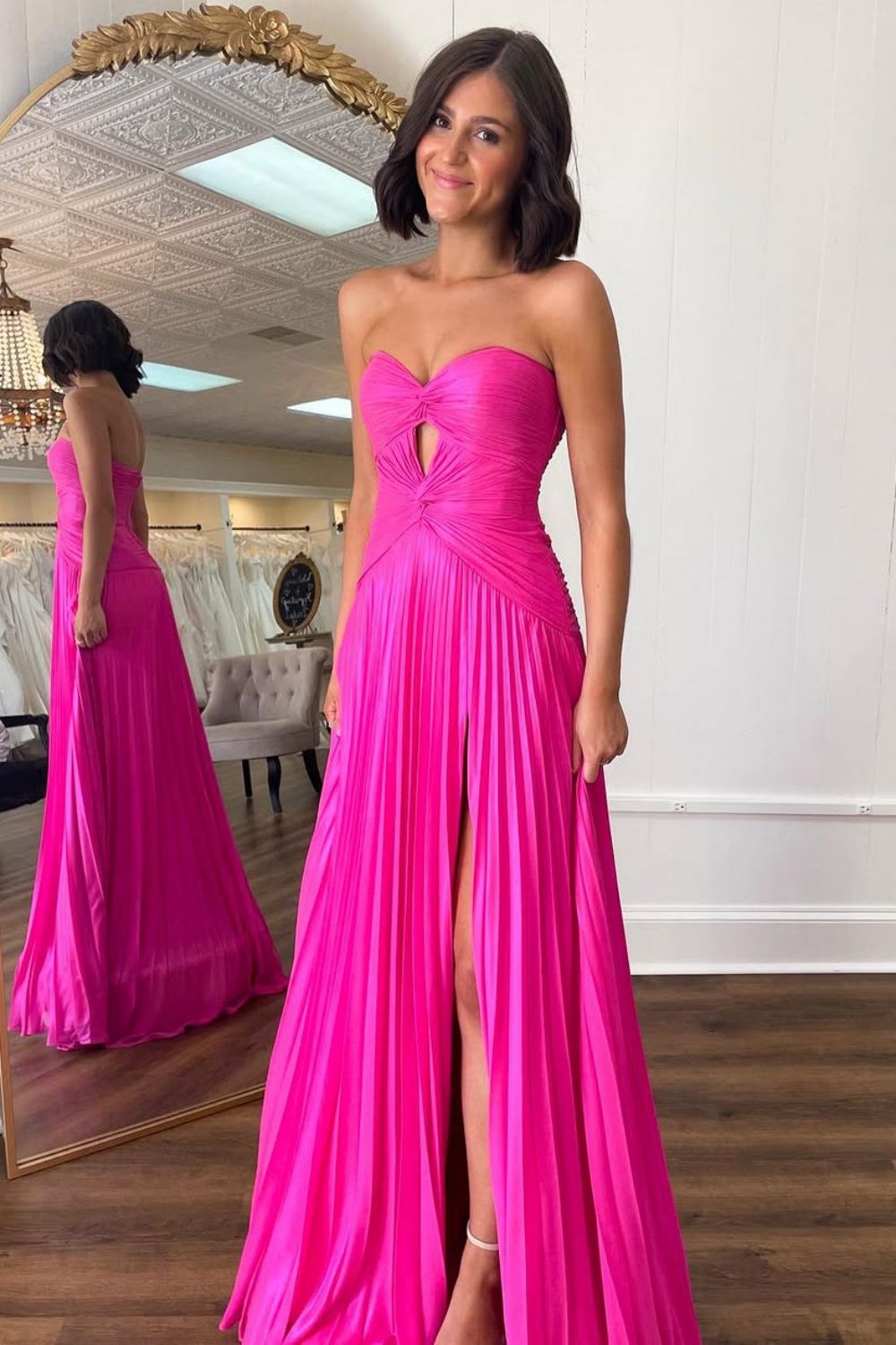 Stylish Sheath Sweetheart Long Pleated Satin Prom Dress with Slit