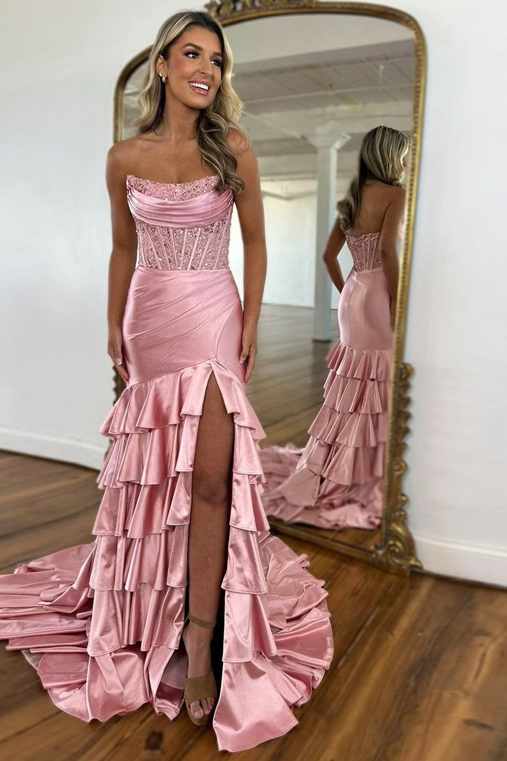 Stylish Pink Mermaid Strapless Long Tiered Satin Prom Dress with Sequin