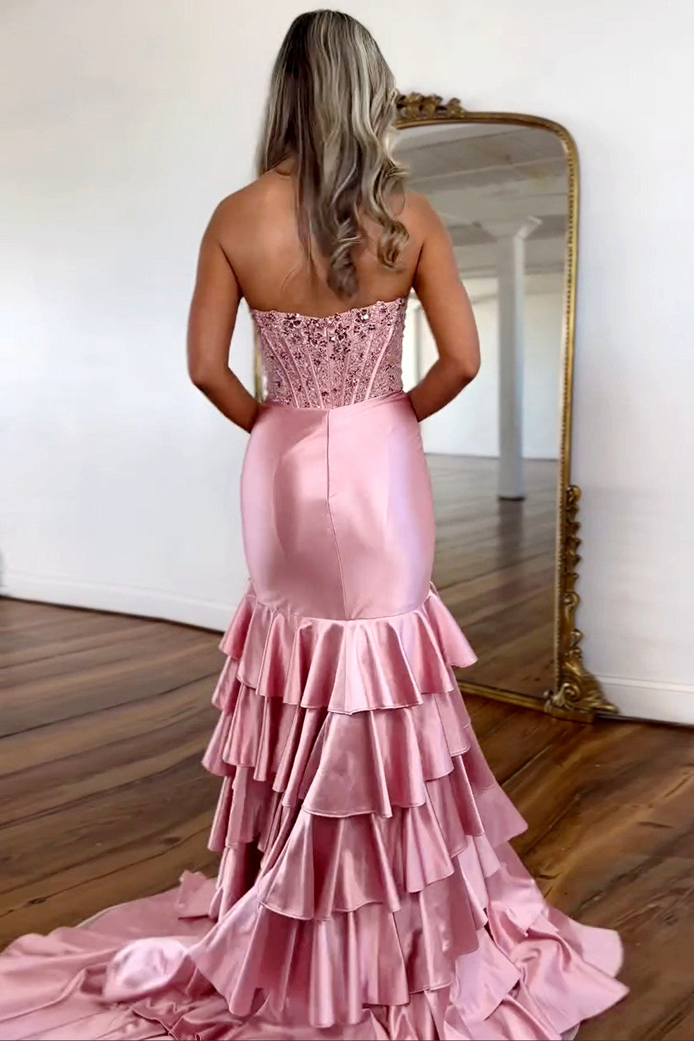 Stylish Pink Mermaid Strapless Long Tiered Satin Prom Dress with Sequin