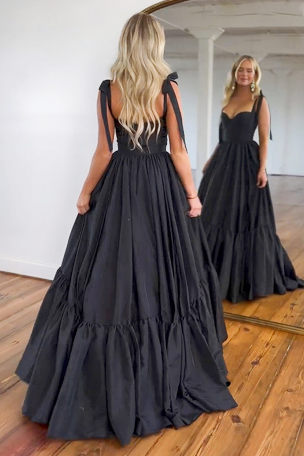 Sweet Black Princess A-Line Tie Straps Long Satin Prom Dress
