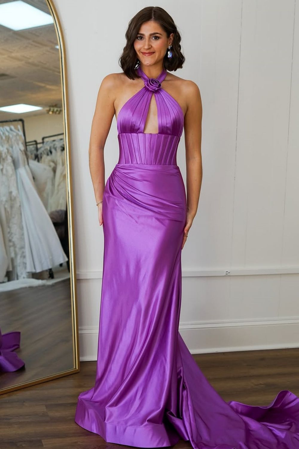 Purple Satin V-Neck Sweep Train Mermaid Prom Dress With Slit
