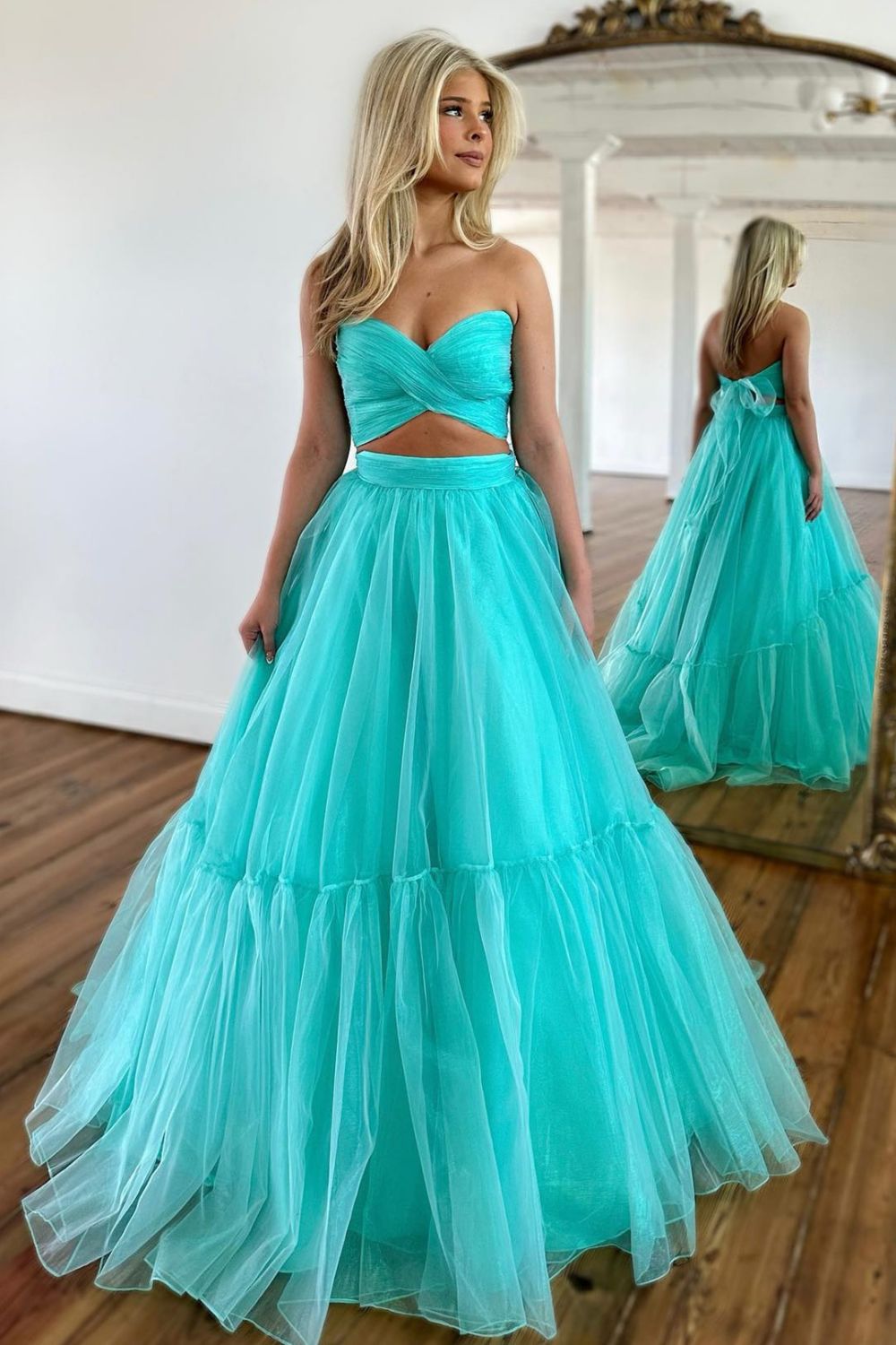Sweet A-Line Sweetheart Long Tulle Prom Dress With Detachable Sleeves