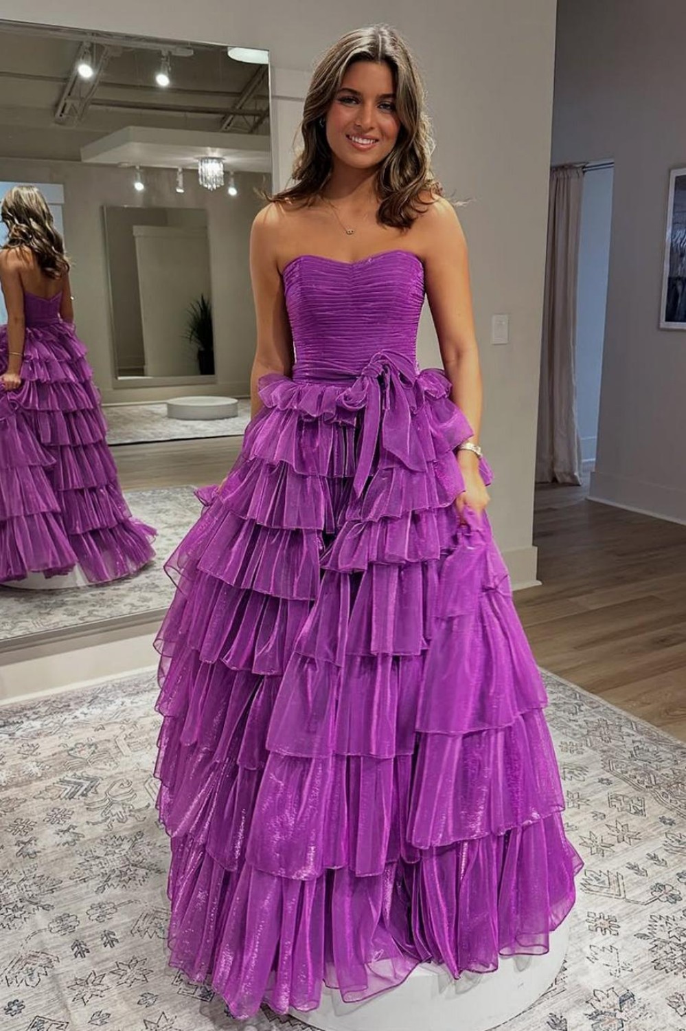 Sweetheart Ball Gown Purple Tiered Prom Dresses