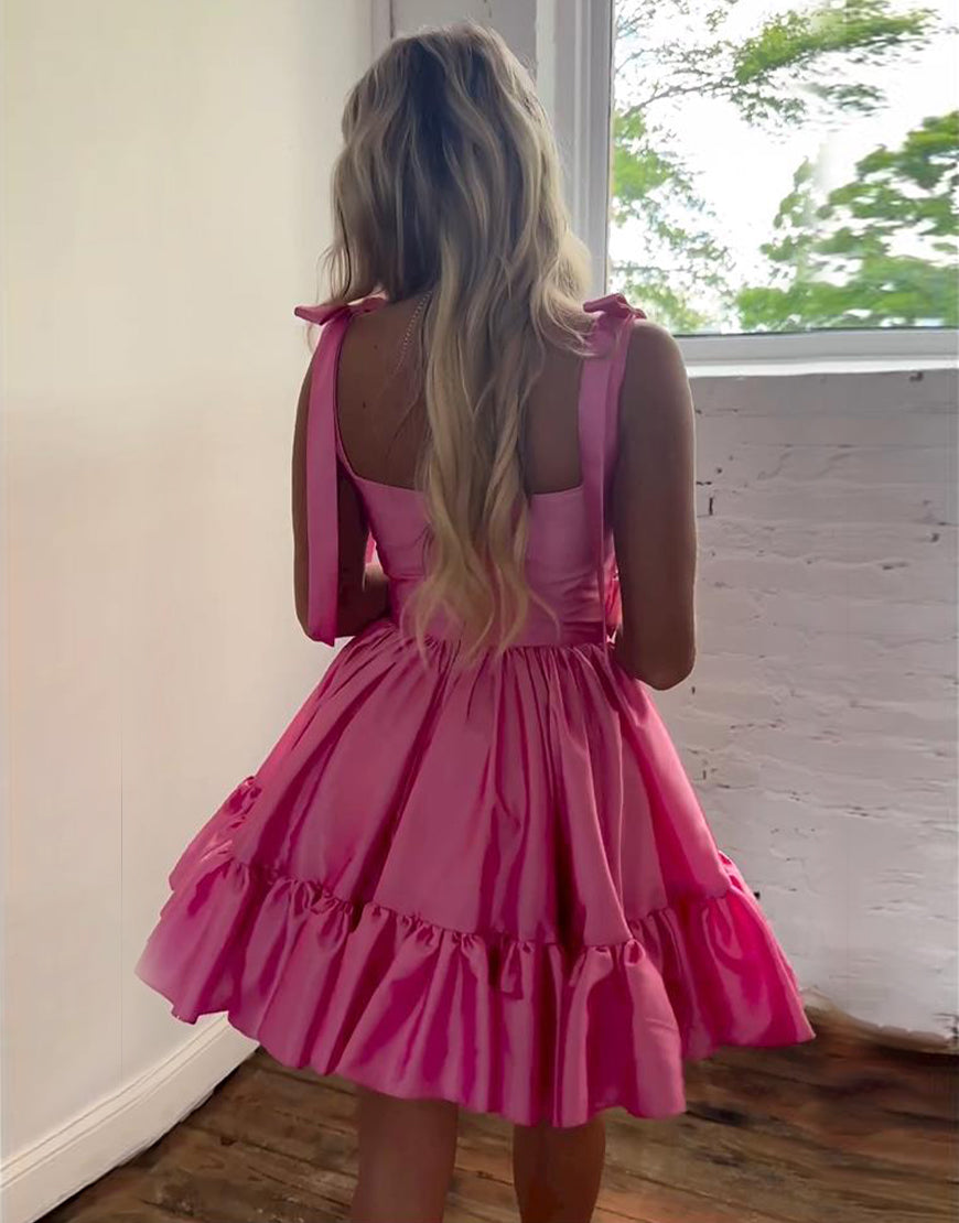 Trendy Hot Pink Tie Straps A-Line Short Satin Homecoming Dress