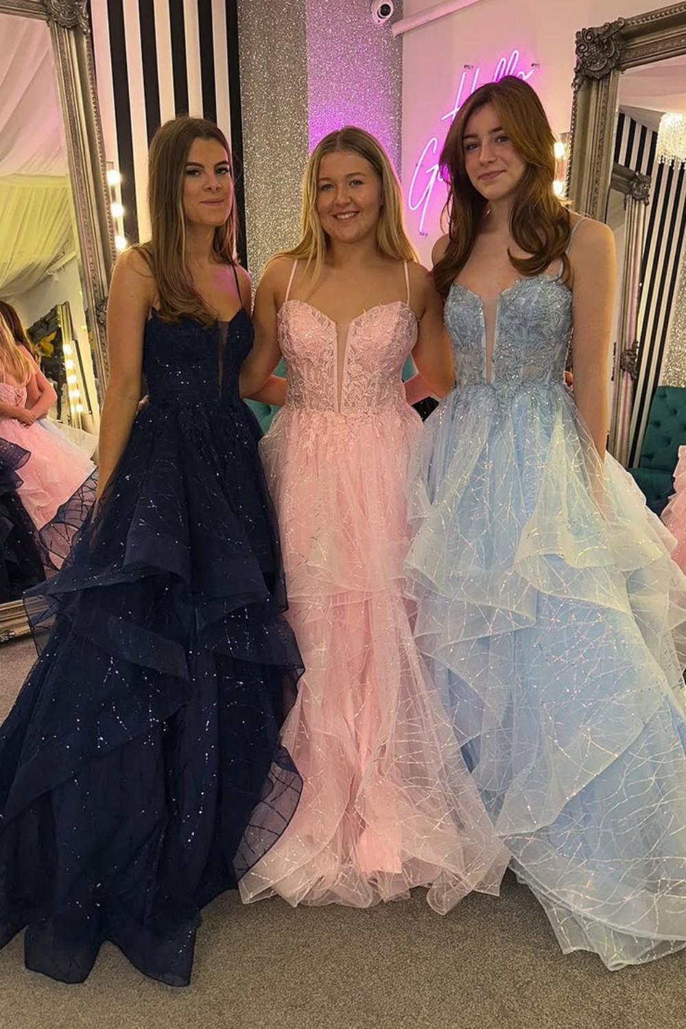 V-Neck A Line Pink Ruffled Tulle Prom Dresses