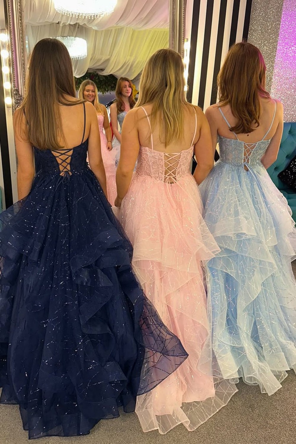 V-Neck A Line Pink Ruffled Tulle Prom Dresses