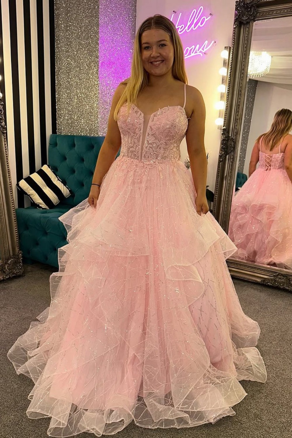 V-Neck A Line Pink Ruffled Tulle Prom Dresses