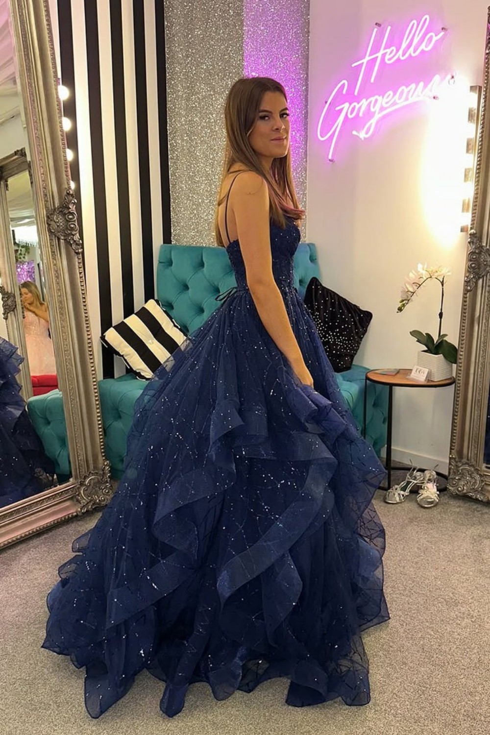 V-Neck A Line Pink Ruffled Tulle Prom Dresses