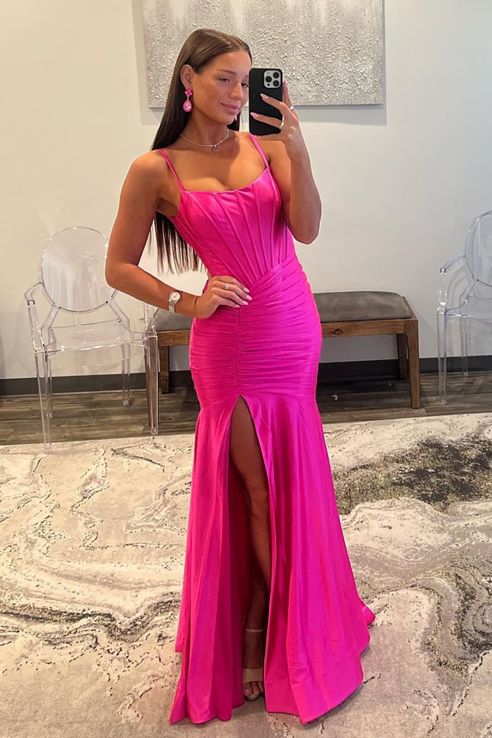 Hot Pink Spaghetti Straps Mermaid Long Satin Prom Dress with Slit