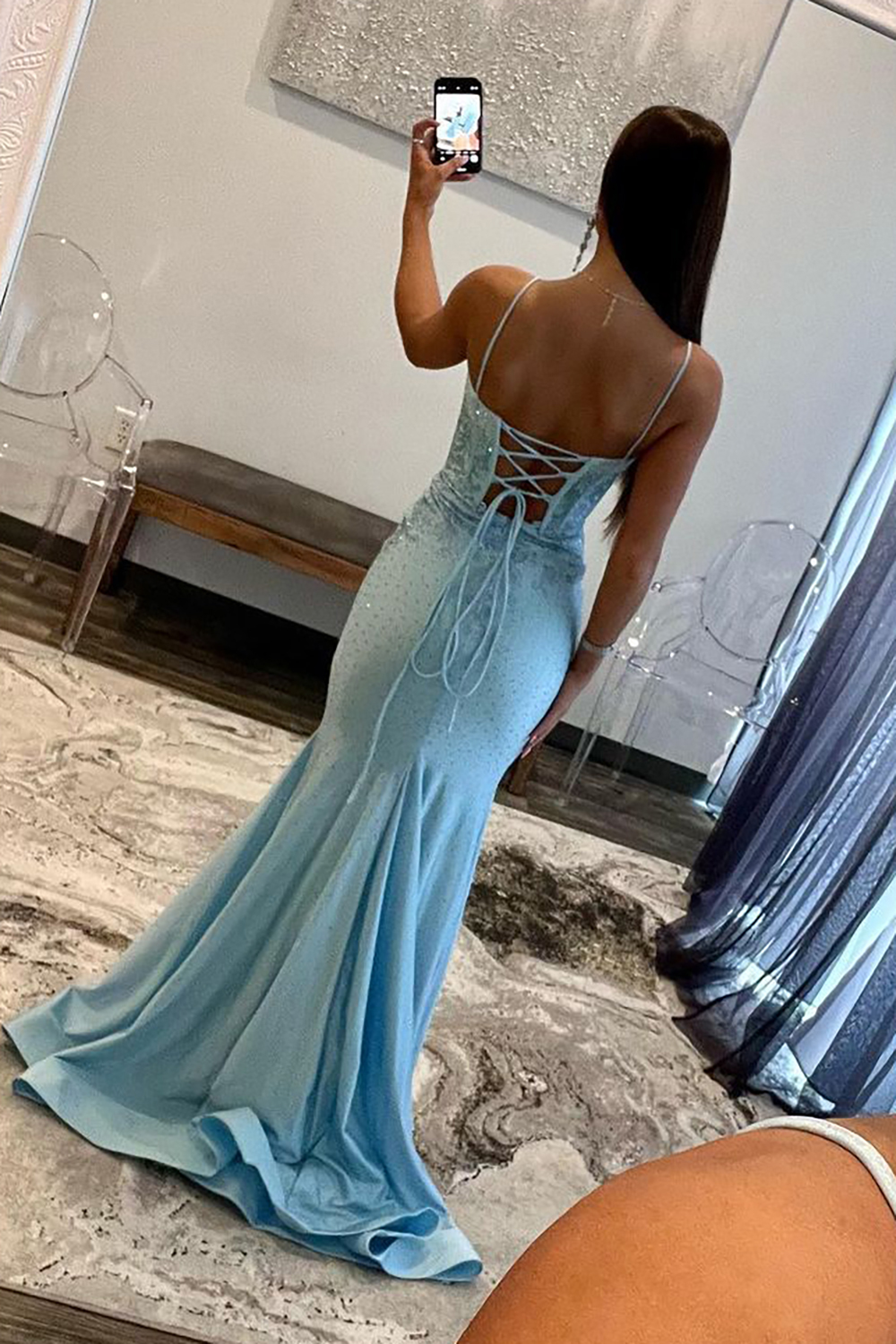 Glitter Light Blue Spaghetti Straps Mermaid Lace Up Long Prom Dress with Slit