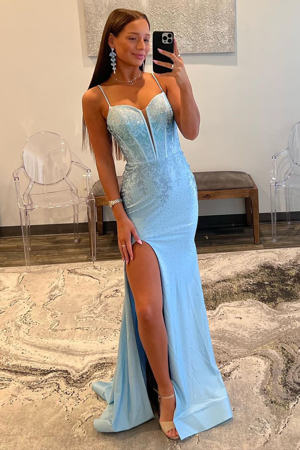 Glitter Light Blue Spaghetti Straps Mermaid Lace Up Long Prom Dress with Slit