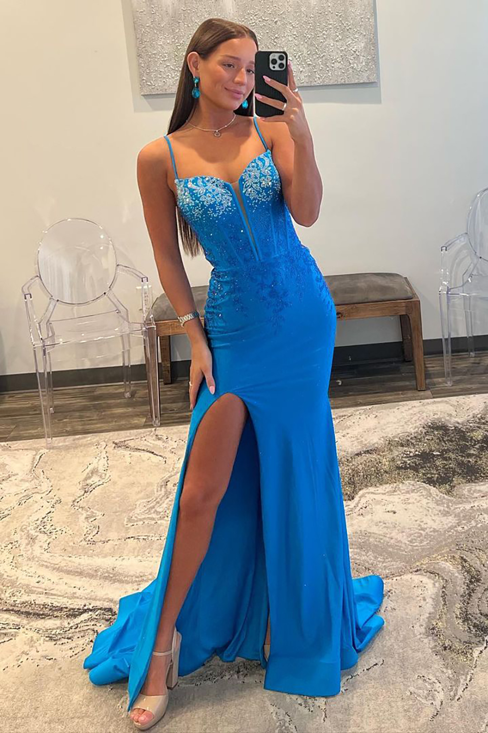 Royal Blue Spaghetti Straps Mermaid Lace Up Long Prom Dress with Slit And Beading