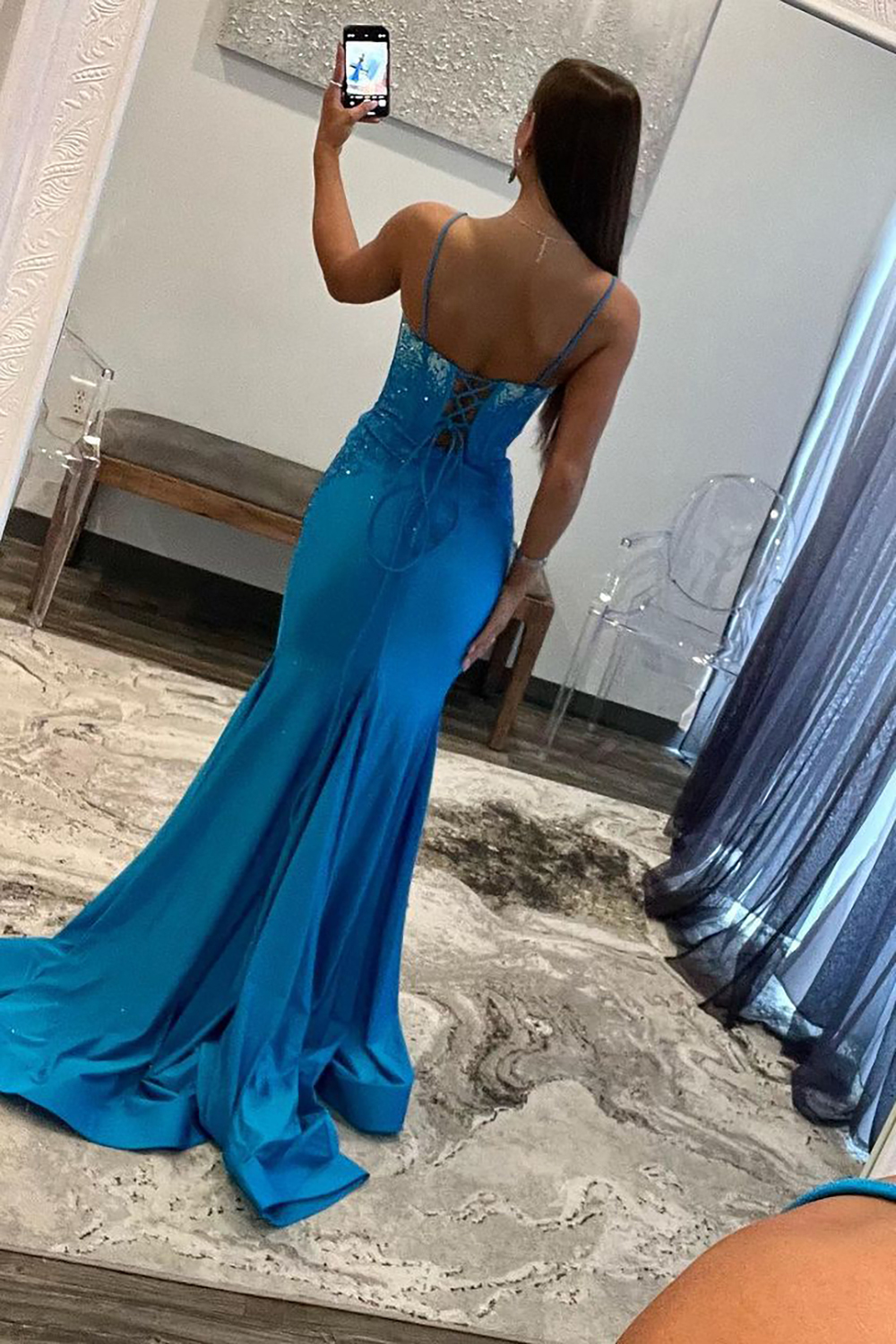 Royal Blue Spaghetti Straps Mermaid Lace Up Long Prom Dress with Slit And Beading