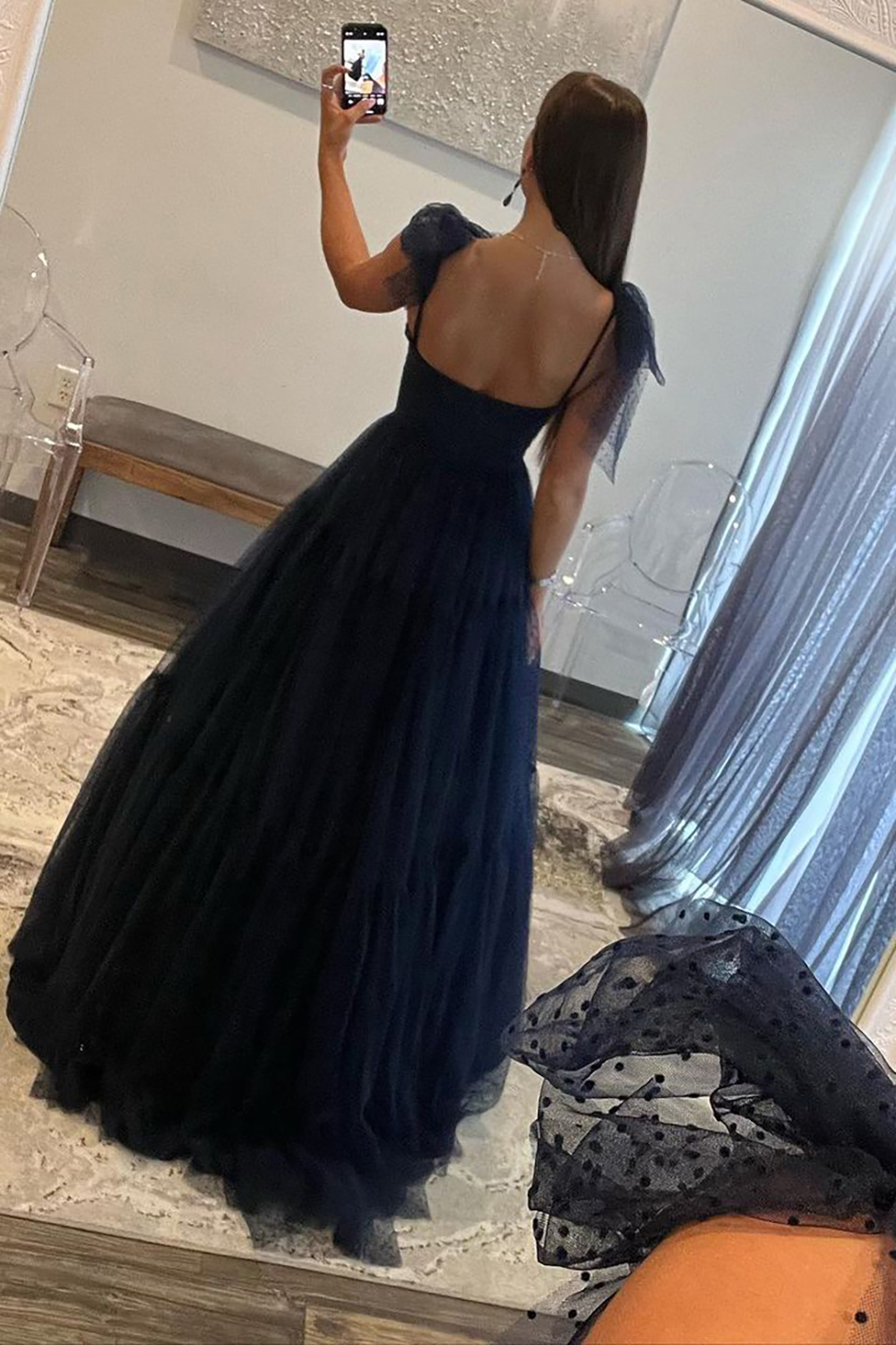 Dark Navy A-Line Tie Straps Zipper Back Long Tulle Prom Dress