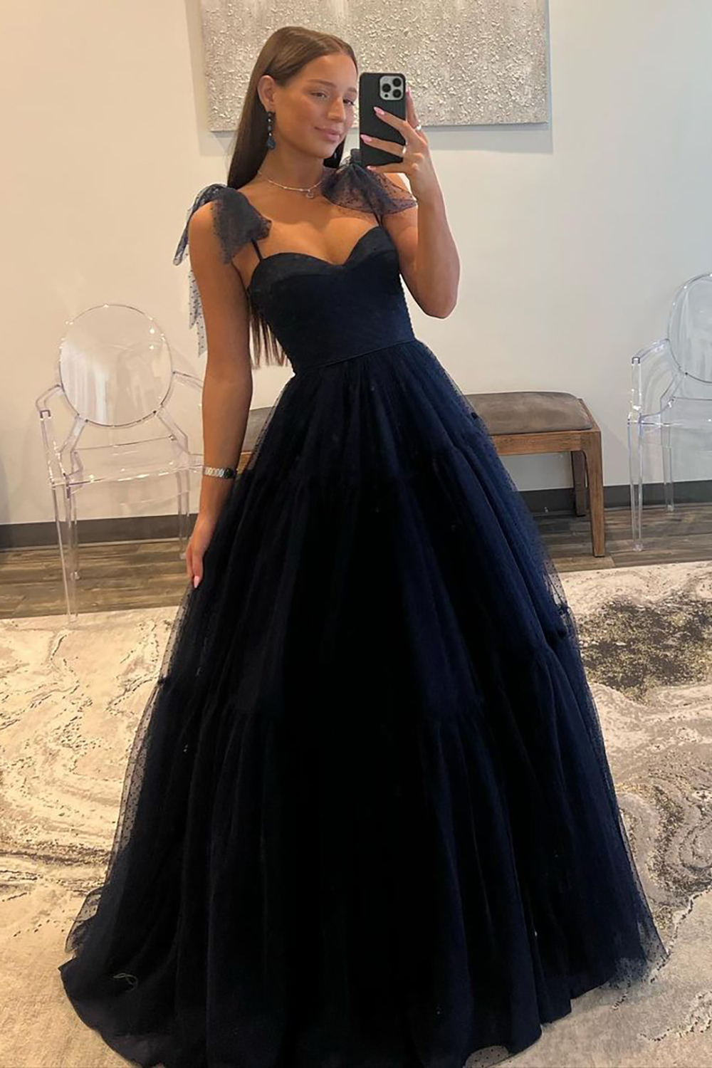 Dark Navy A-Line Tie Straps Zipper Back Long Tulle Prom Dress