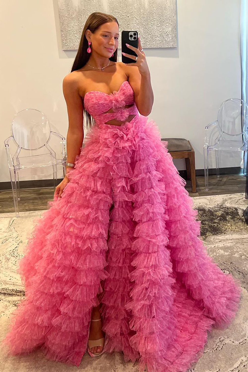 Blue Cute A-Line Sweetheart Long Tiered Tulle Prom Dress With Split