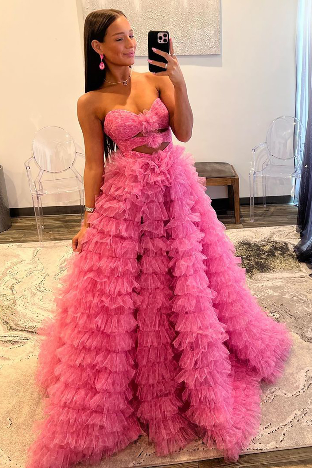 Blue Cute A-Line Sweetheart Long Tiered Tulle Prom Dress With Split