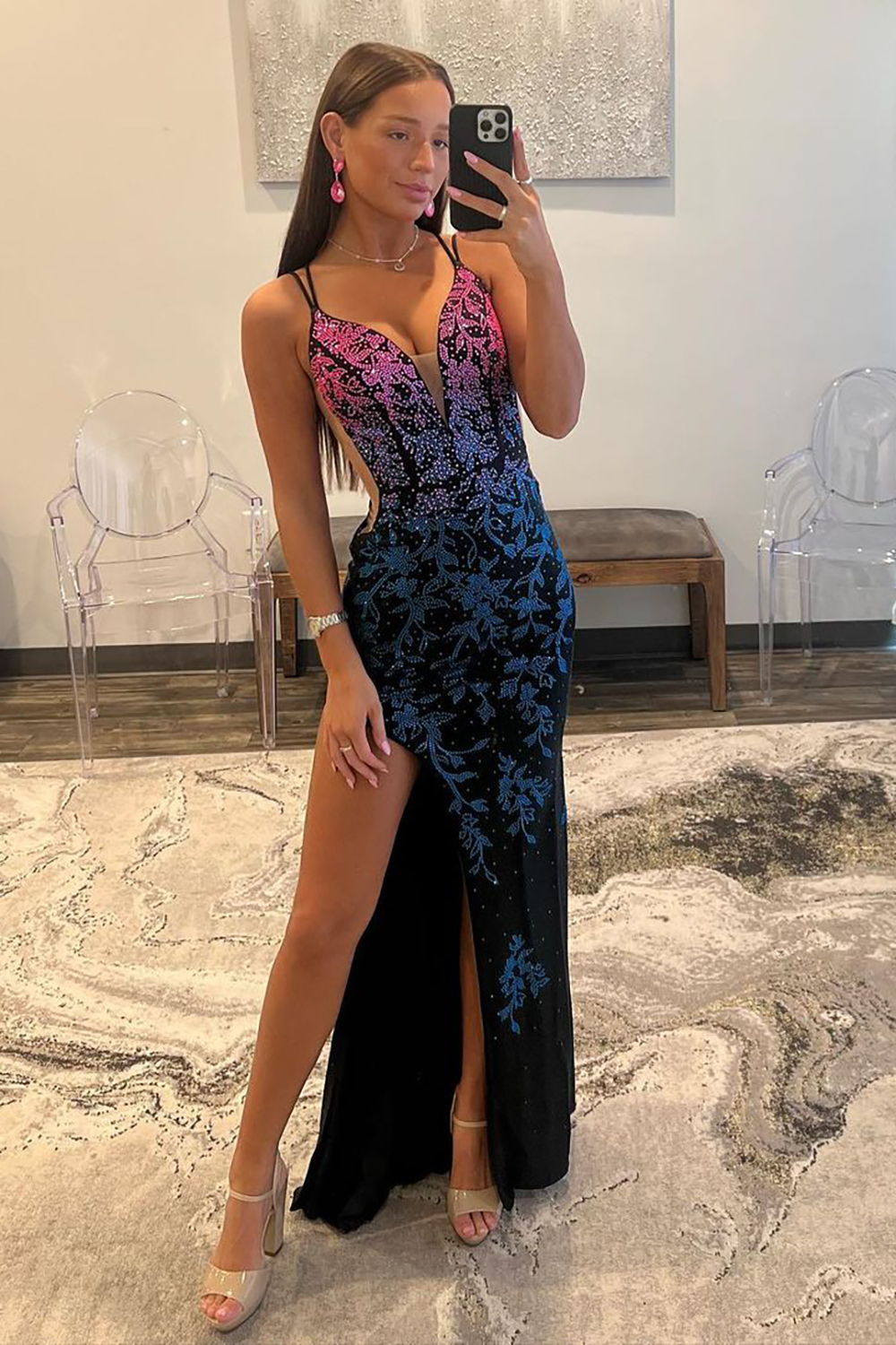 Sparkly Mermaid Double Straps Lace Up Long Prom Dress with Slit