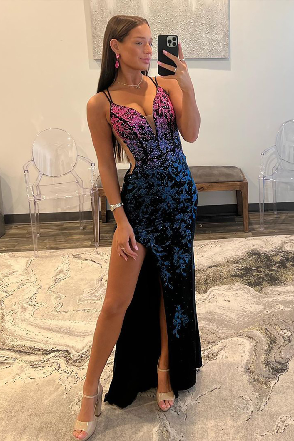 Sparkly Mermaid Double Straps Lace Up Long Prom Dress with Slit