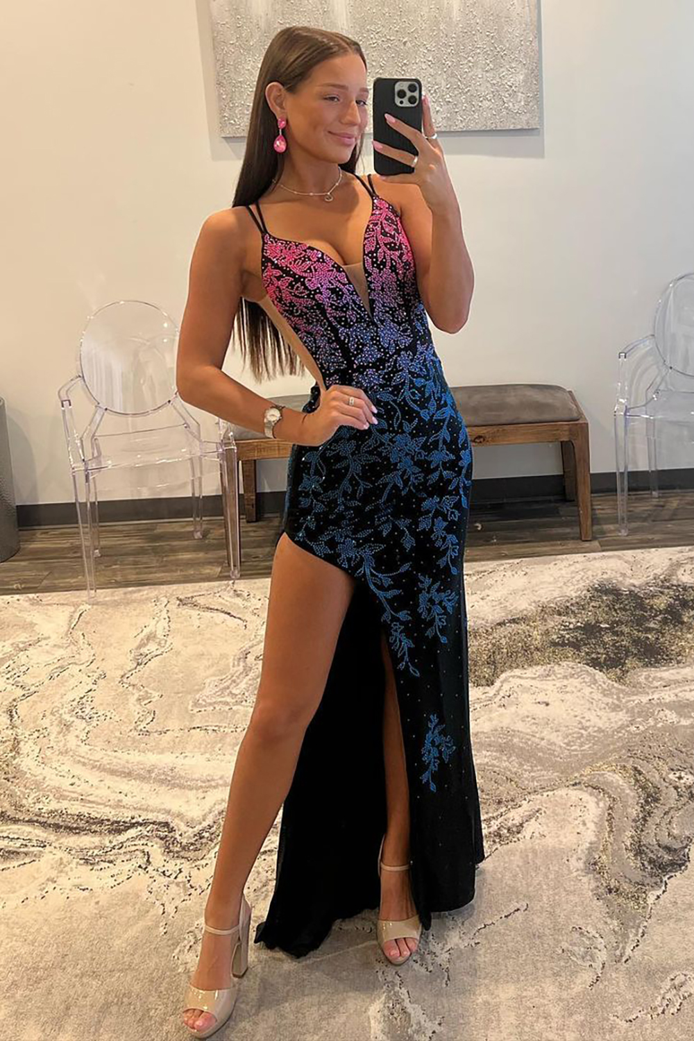 Sparkly Mermaid Double Straps Lace Up Long Prom Dress with Slit