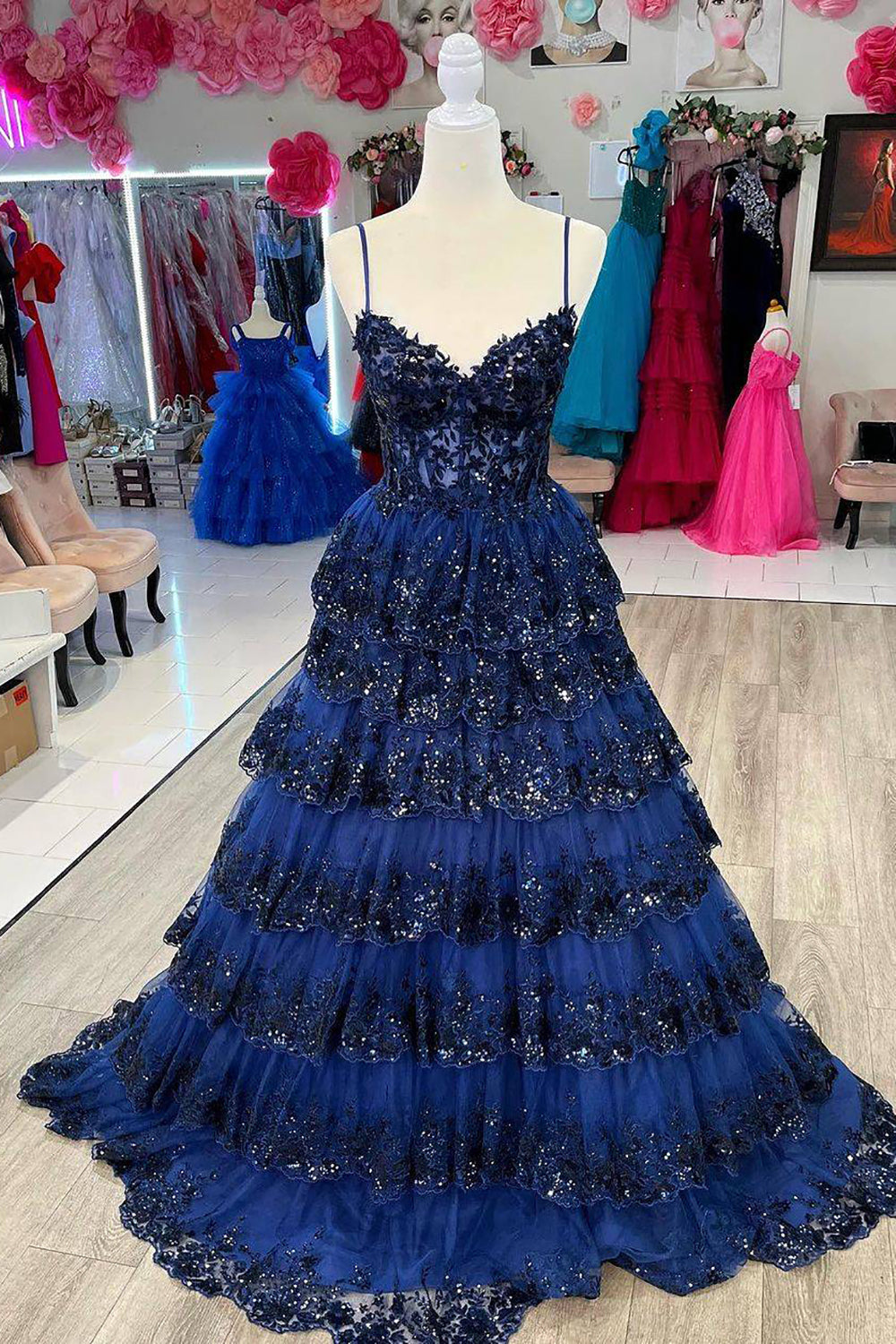 Sparkly Princess A-Line Spaghetti Straps Long Tiered Prom Dress With Appliques