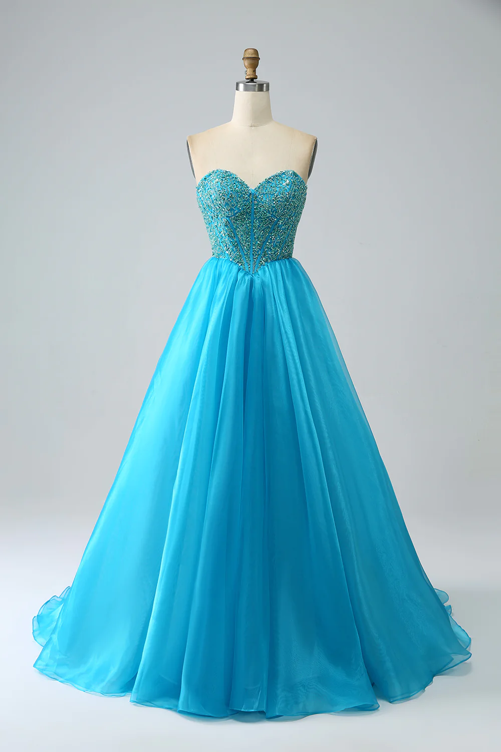Blue A-Line Beaded Long Prom Dress with Detachable Sleeves