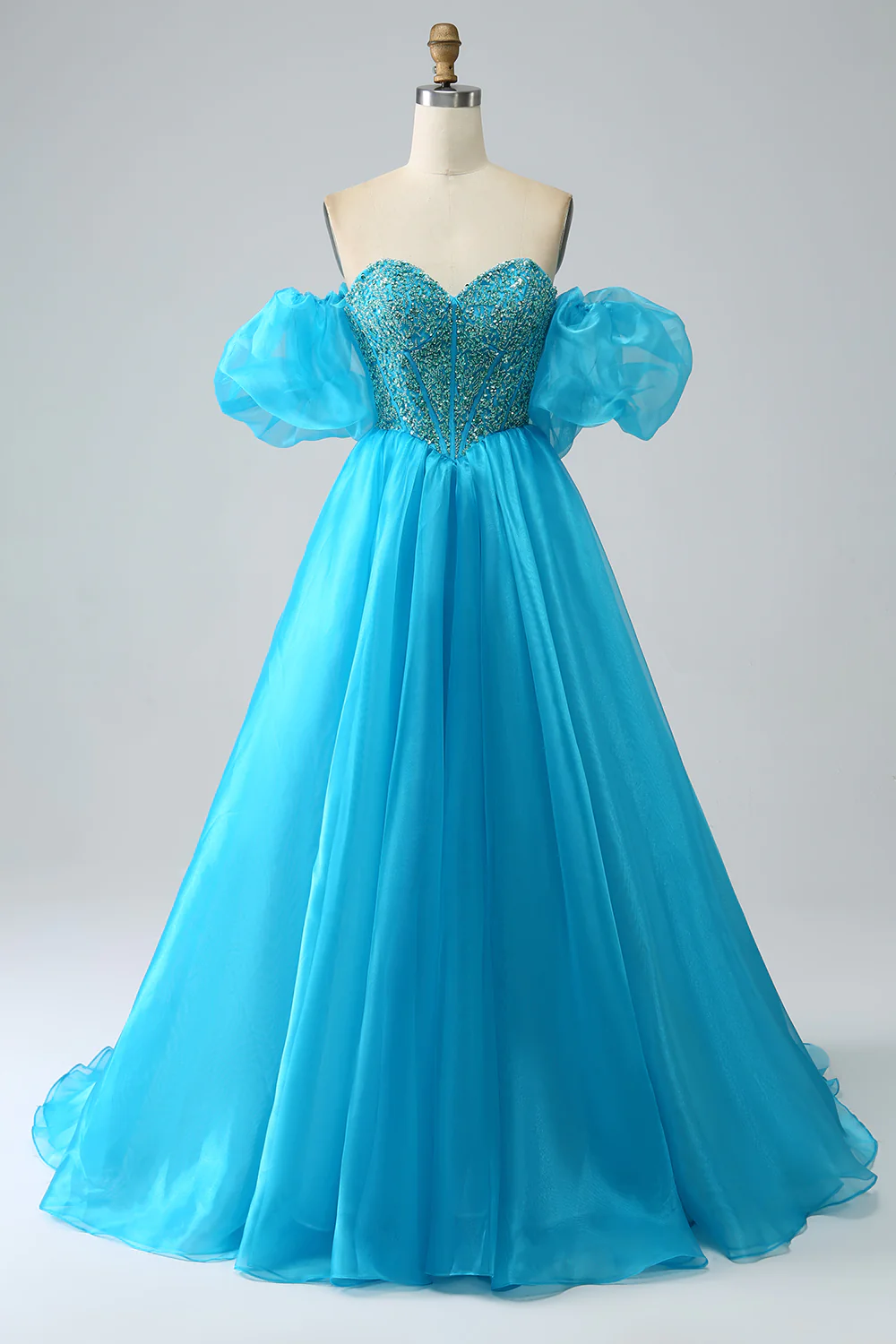 Blue A-Line Beaded Long Prom Dress with Detachable Sleeves