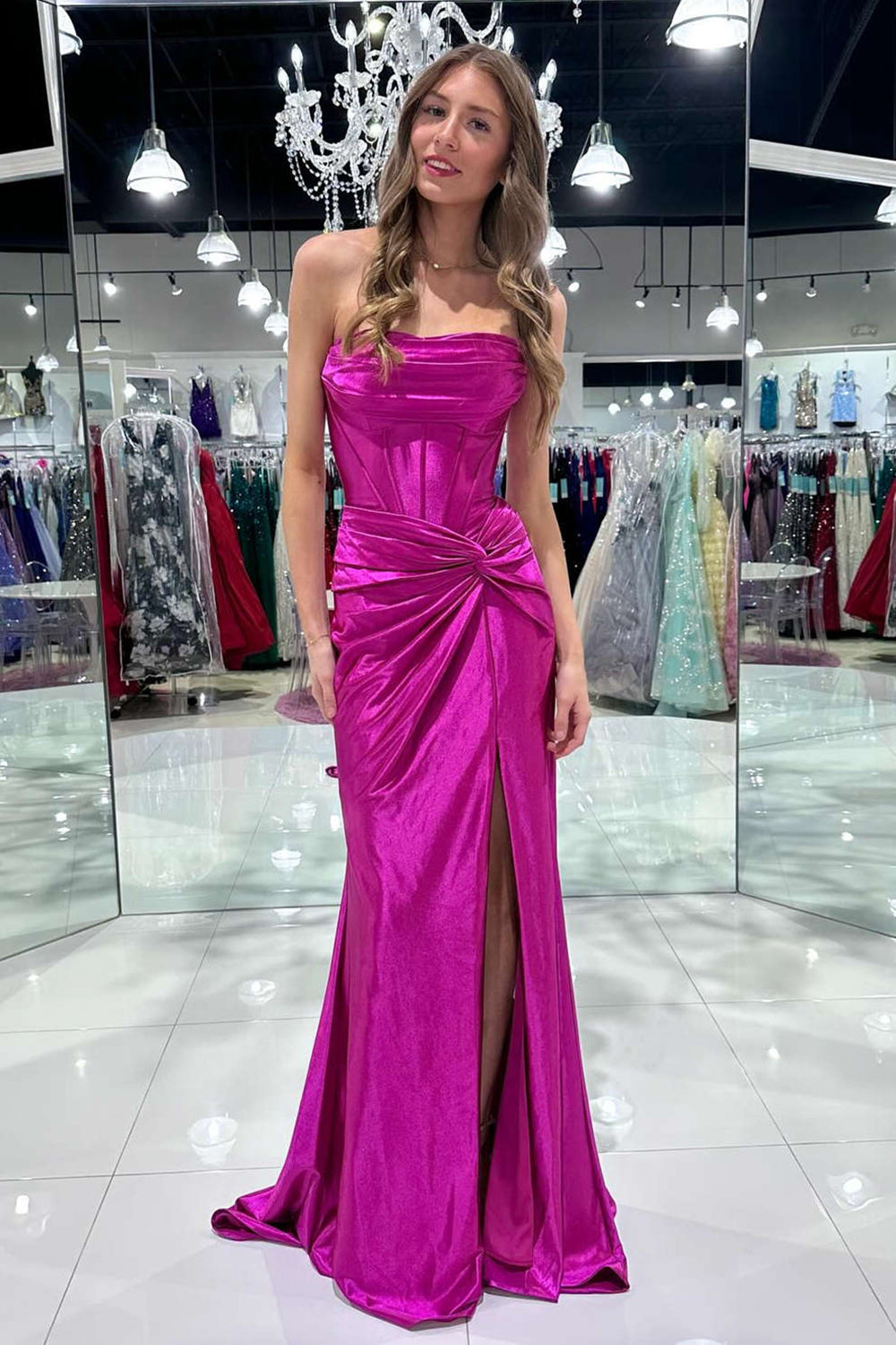 Stylish Mermaid Strapless Lace Up Long Satin Prom Dress With Split