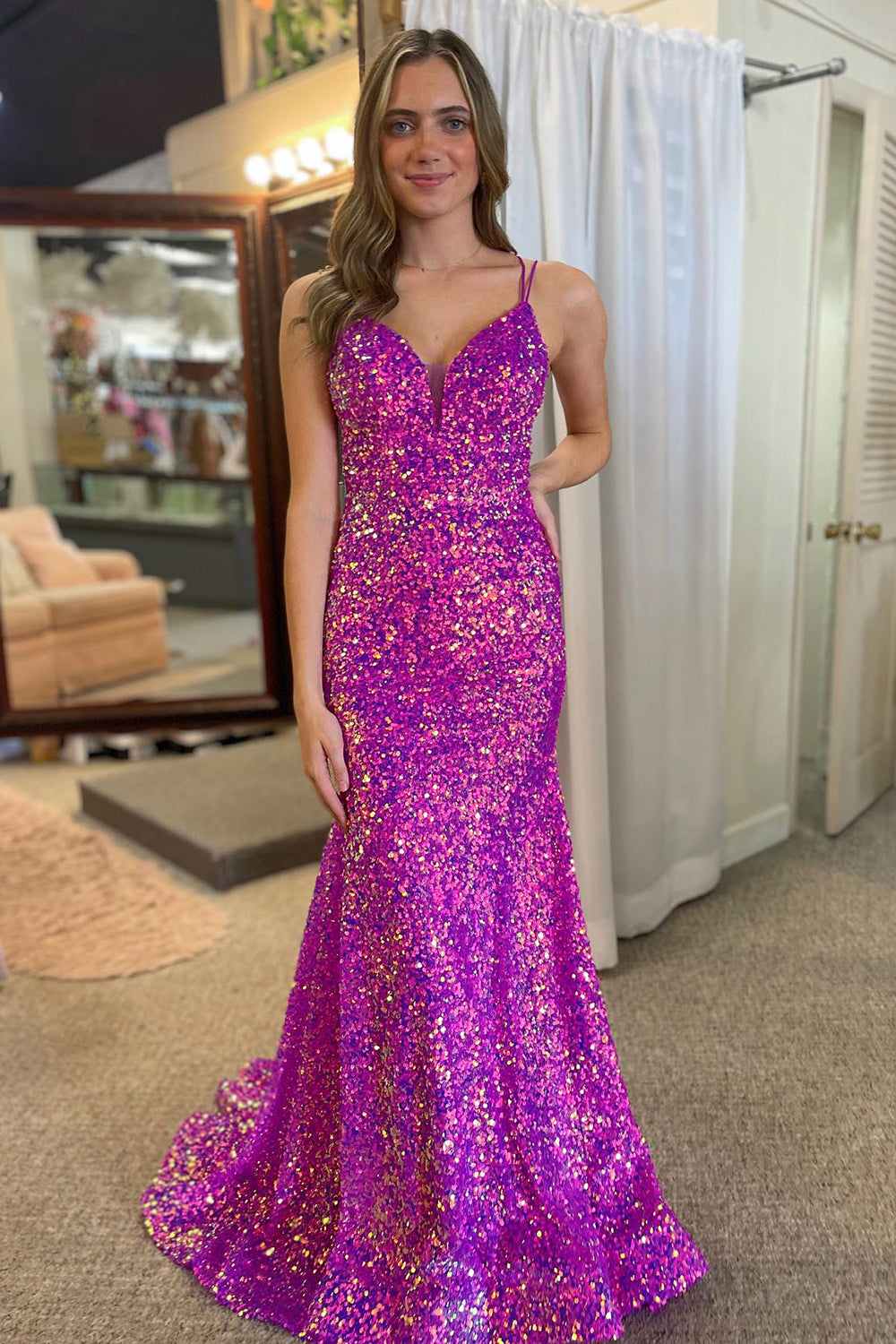 Sparkly Mermaid Purple Double Strapls Long Sequin Prom Dress