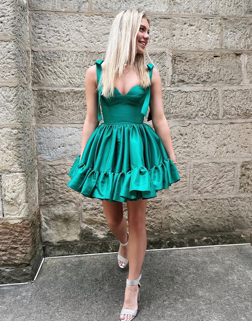 Green A-Line Tie Straps Short Satin Homecoming Dress