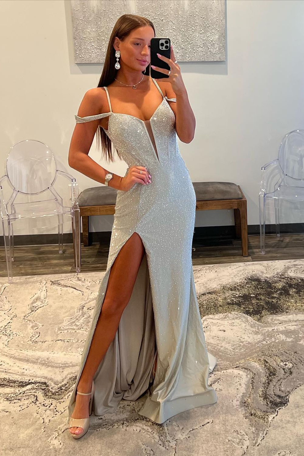 Glitter Mermaid Off The Shoulder Long Corset Beaded Prom Dress With Slit