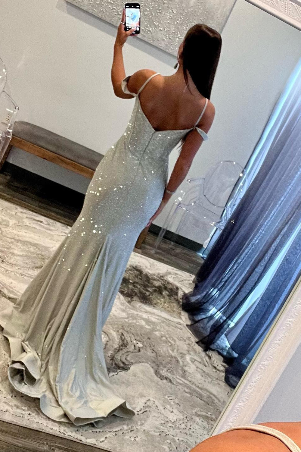 Glitter Mermaid Off The Shoulder Long Corset Beaded Prom Dress With Slit