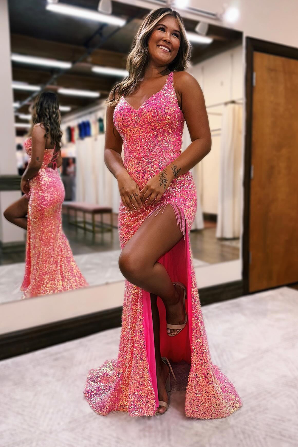 Sparkly Light Purple Lace-Up Back Long Sequin Prom Dress with Fringe