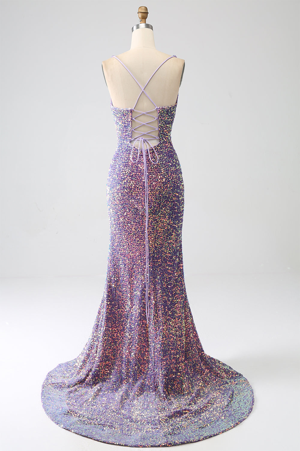 Sparkly Light Purple Lace-Up Back Long Sequin Prom Dress with Fringe