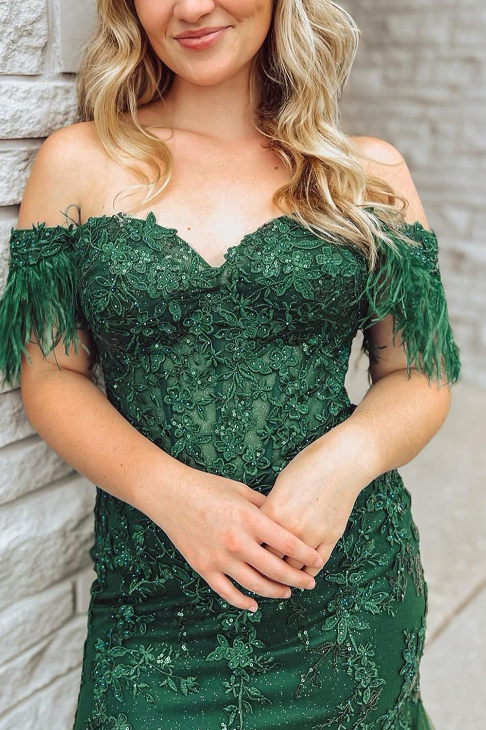 Dark Green Mermaid Off The Shoulder Long Prom Dress with Appliques