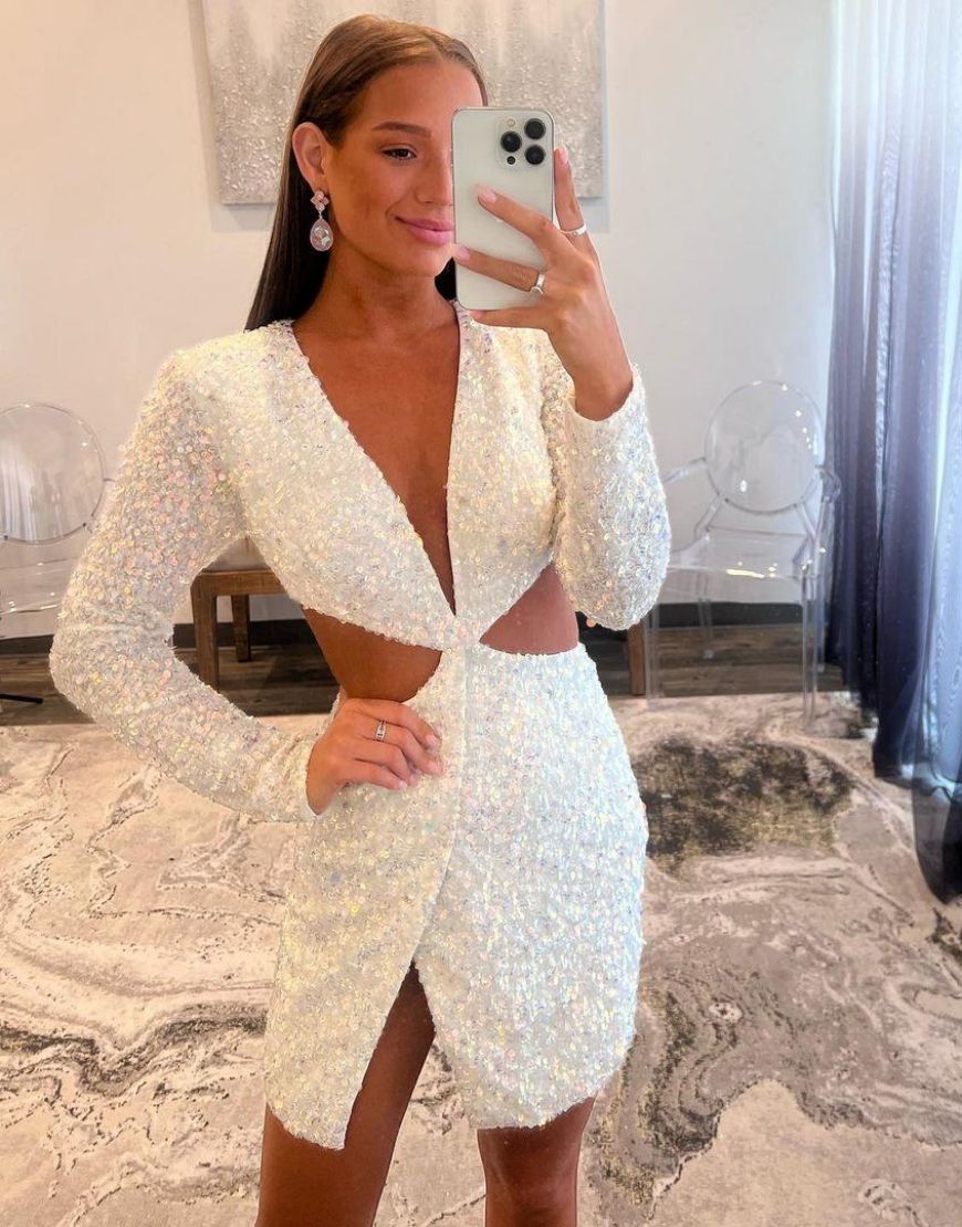 White Sequin Long Sleeves Cutout Waist Homecoming Dress