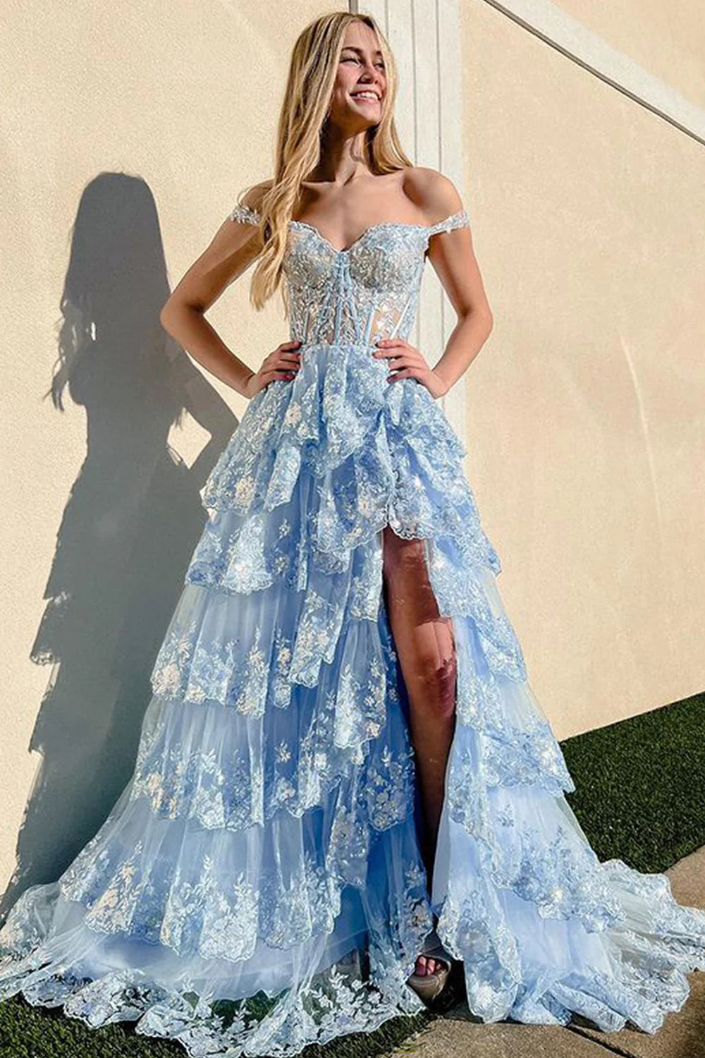 Stunning Glitter A-Line Off The Shoulder Long Tiered Prom Dress With Split